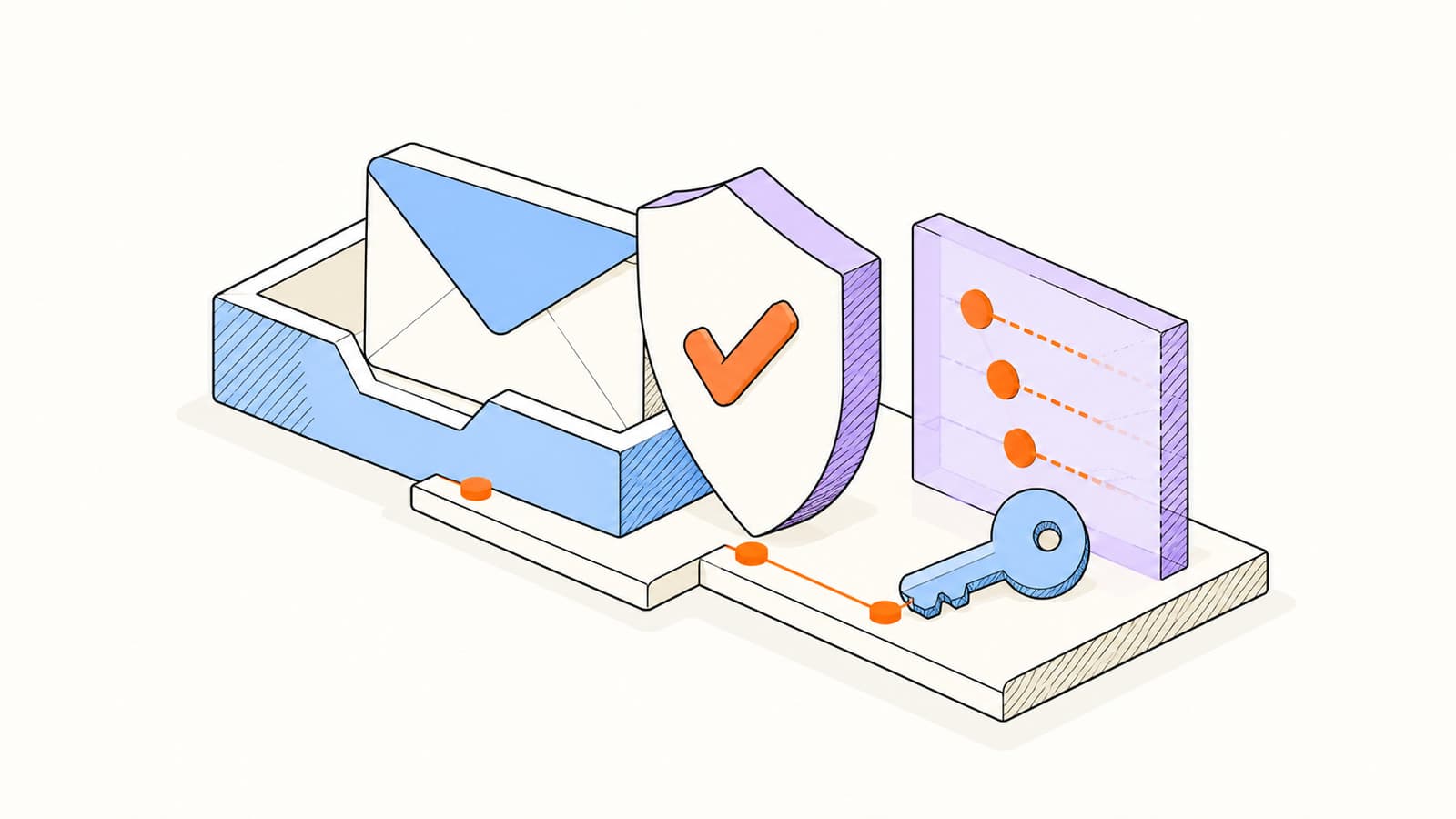 A lavender shield protects an envelope in a blue inbox tray while a privacy panel covers activity markers.