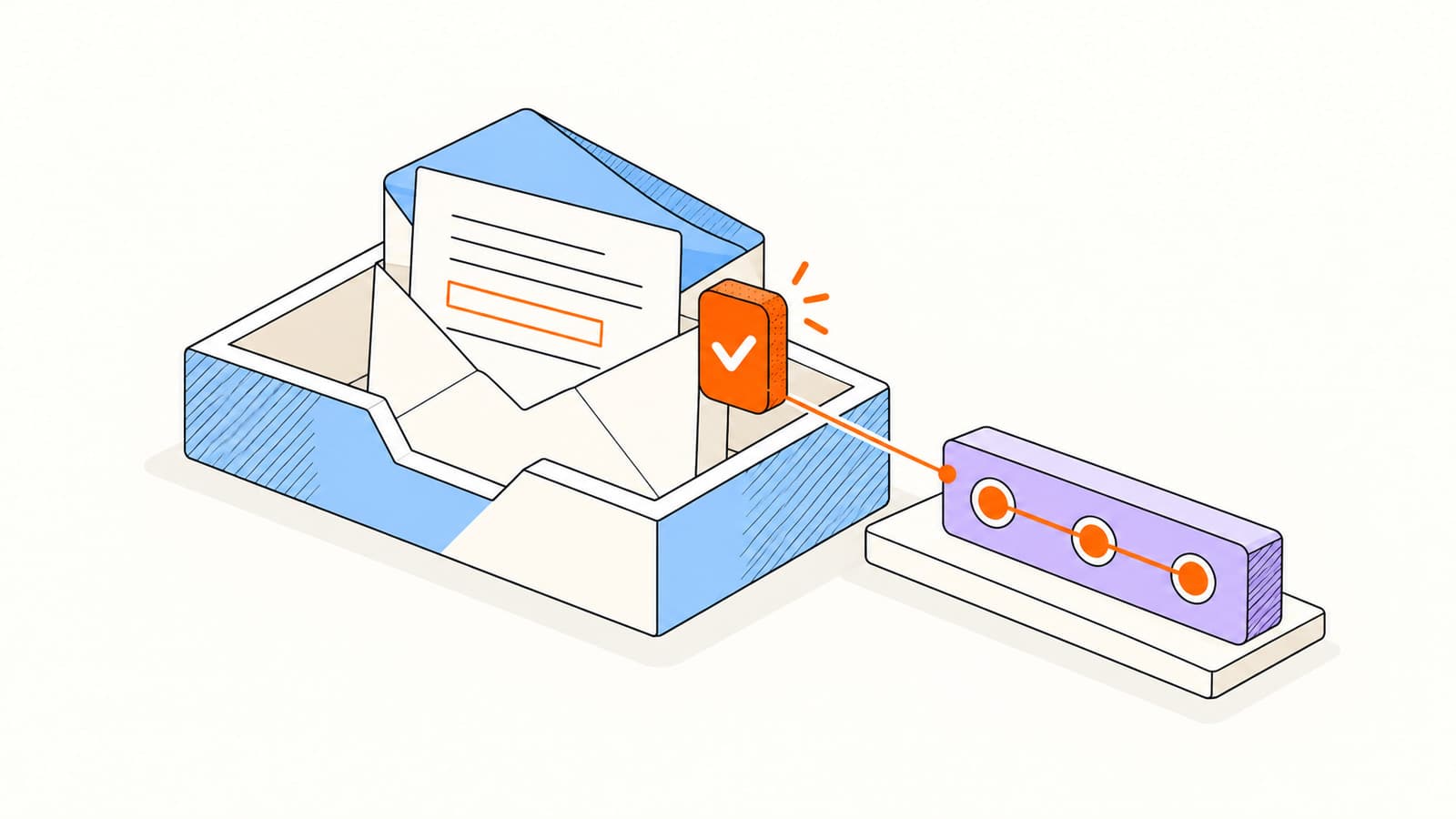 An open envelope in a blue inbox tray connects an orange receipt badge to three activity markers.