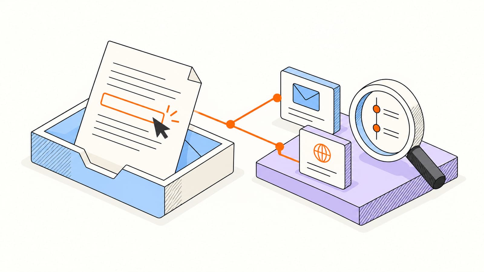 An orange link on a letter connects a blue inbox tray to destination cards and a magnifying glass.