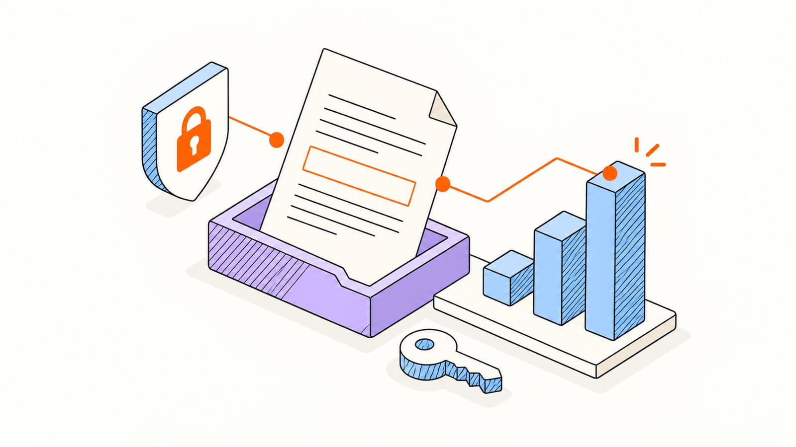 A proposal sheet in a lavender document tray sits beside blue activity bars and an access key.