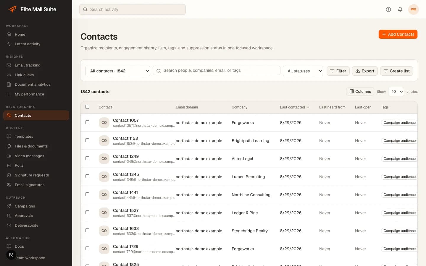 جهات الاتصال في مساحة عمل Elite Mail Suite الكاملة