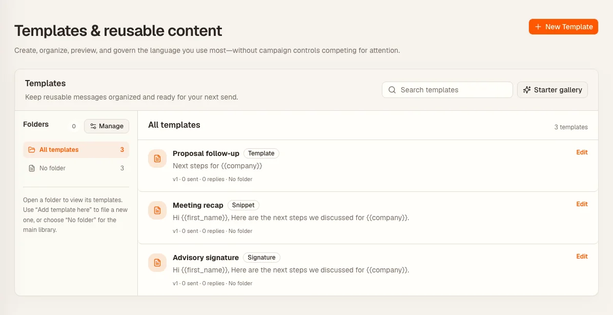 The actual Templates content library, with fictional saved content.