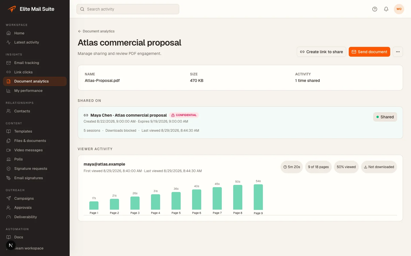 The actual document analytics workspace with a fictional proposal.