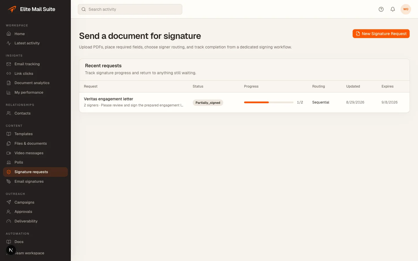 The actual Signature requests workspace with fictional example agreements.